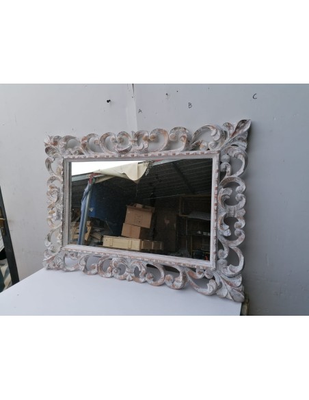 Specchio barocco in legno intarsiato cm 100x70 bianco anticato mod. tommy