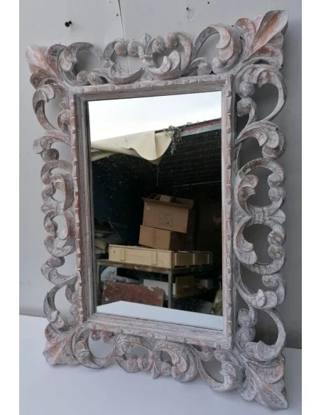 Specchio barocco in legno intarsiato cm 80x60 bianco decapato mod. tommy