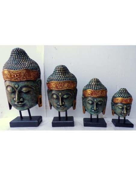 Testa di Buddha in legno decorata e dipinta a mano cm 32h