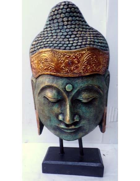 Testa di Buddha in legno decorata e dipinta a mano cm 32h