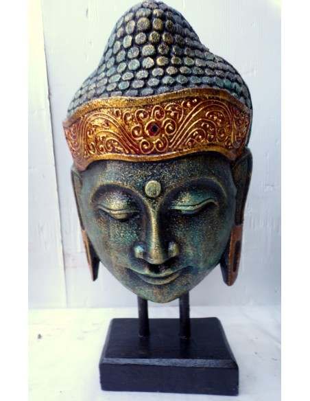 Testa di Buddha in legno decorata e dipinta a mano cm 32h