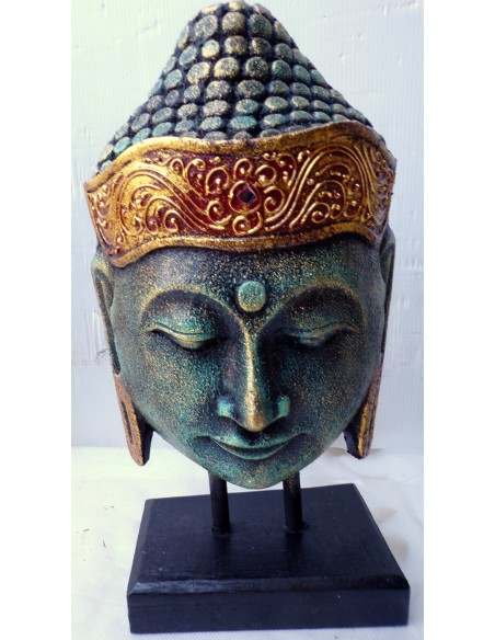 Testa di Buddha in legno decorata e dipinta a mano cm 32h