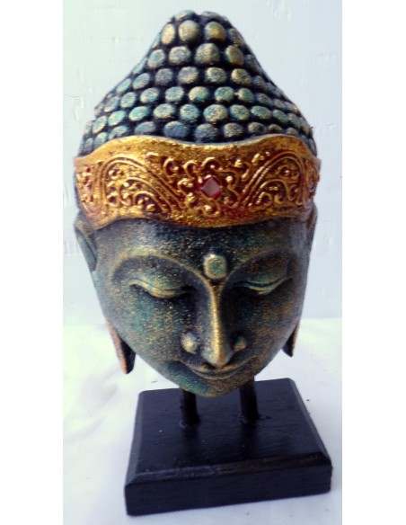 Testa di Buddha in legno decorata e dipinta a mano cm 32h