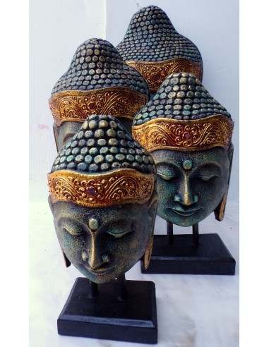 Testa di Buddha in legno decorata e dipinta a...