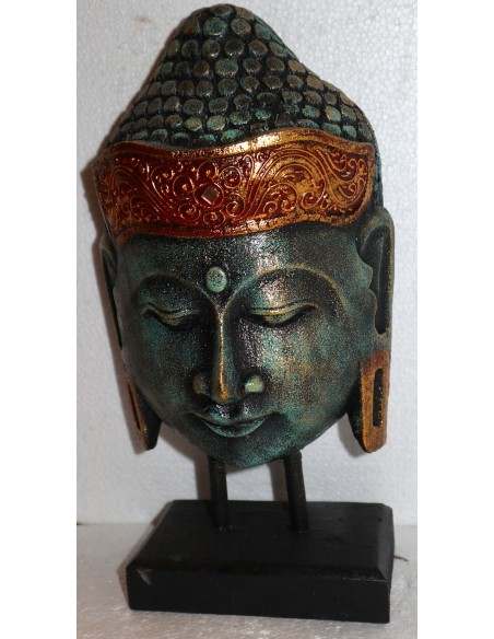 Testa di Buddha in legno decorata e dipinta a mano cm 32h