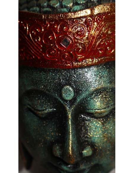 Testa di Buddha in legno decorata e dipinta a mano cm 32h