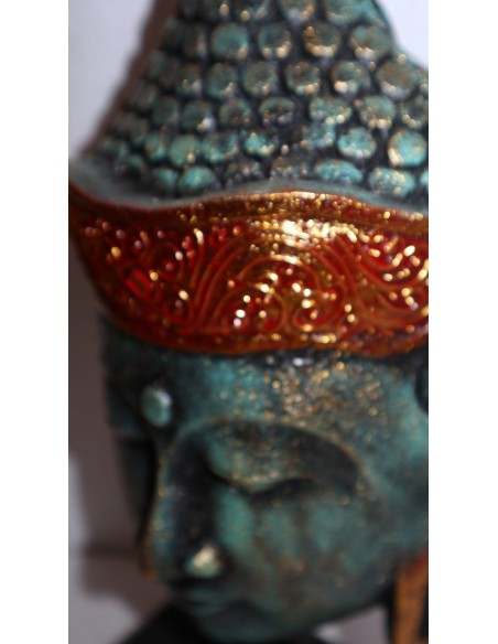 Testa di Buddha in legno decorata e dipinta a mano cm 32h