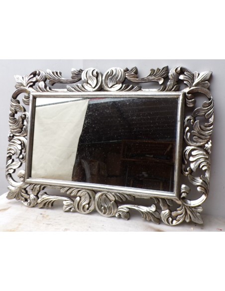 Specchio barocco in legno intarsiato cm 100x70 argento anticato mod. Victoria