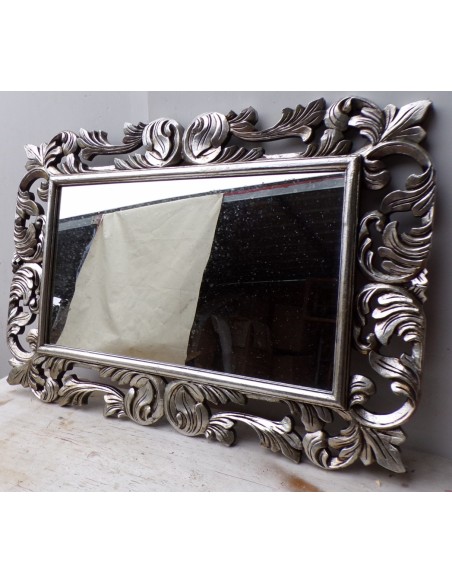 Specchio barocco in legno intarsiato cm 100x70 argento anticato mod. Victoria