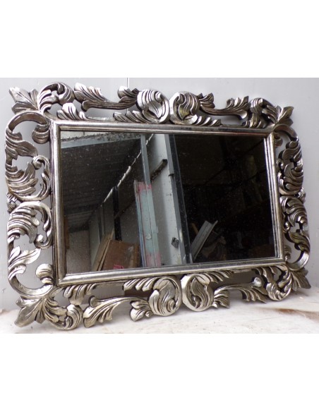 Specchio barocco in legno intarsiato cm 100x70 argento anticato mod. Victoria