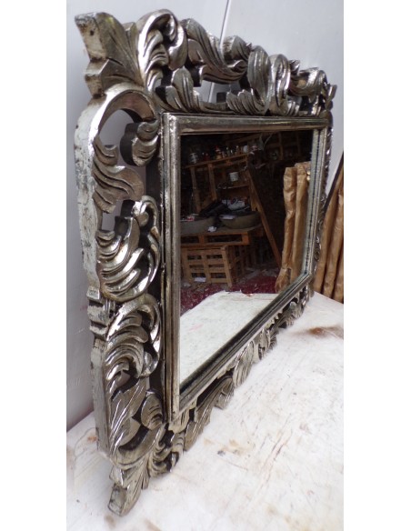 Specchio barocco in legno intarsiato cm 100x70 argento anticato mod. Victoria