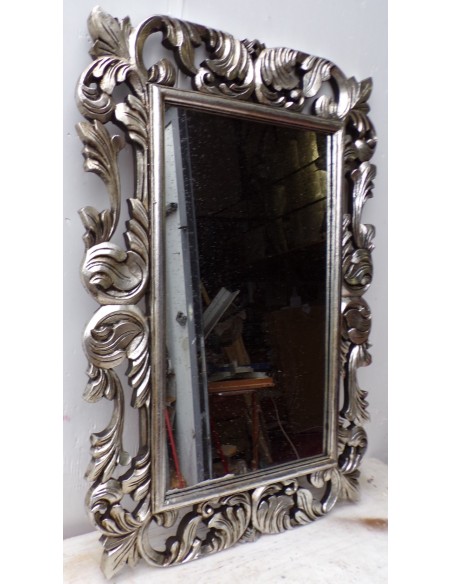 Specchio barocco in legno intarsiato cm 100x70 argento anticato mod. Victoria