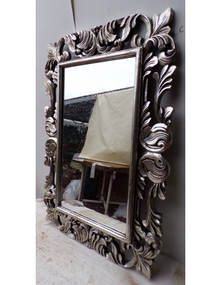 Specchio barocco in legno intarsiato cm 100x70 argento anticato mod. Victoria