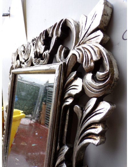 Specchio barocco in legno intarsiato cm 100x70 argento anticato mod. Victoria