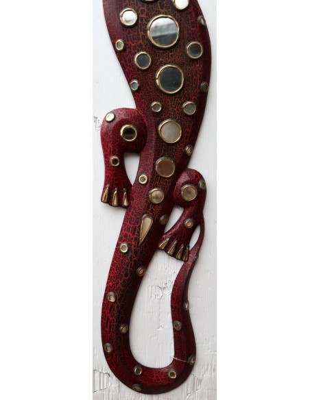 Jeko in legno aborigeno dipinto a mano rosso con specchi cm 100x14x2h Africa etnico arredo jeco