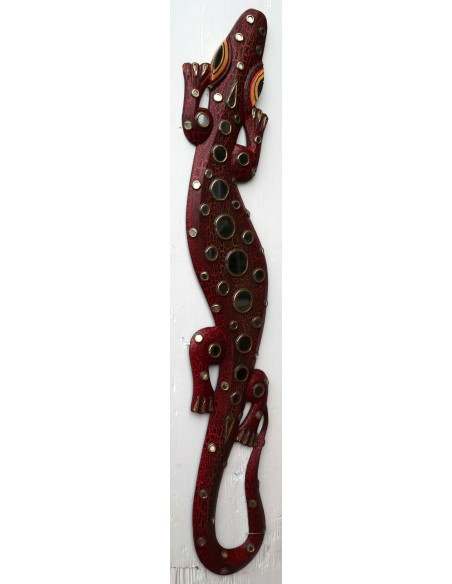 Jeko in legno aborigeno dipinto a mano rosso con specchi cm 100x14x2h Africa etnico arredo jeco