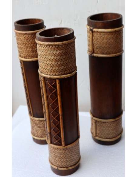 Vaso porta fiori Indonesiano legno di Bambù 10x40h decorato con rattan bamboo bambu