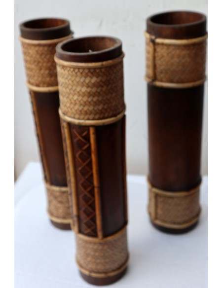Vaso porta fiori Indonesiano legno di Bambù 10x40h decorato con rattan bamboo bambu