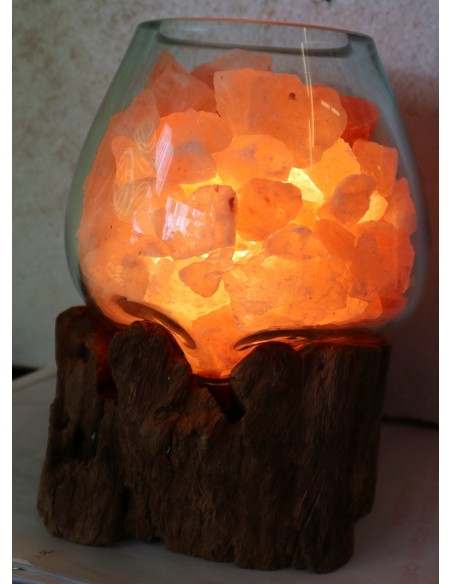 Lampada di sale irripetibile creata in vetro soffiato su legno naturale salgemma Himalaya cm 16x17x20 n 2093