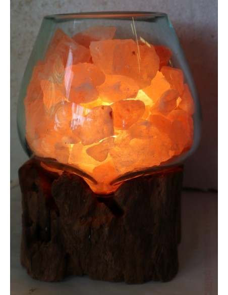 Lampada di sale irripetibile creata in vetro soffiato su legno naturale salgemma Himalaya cm 16x17x20 n 2093