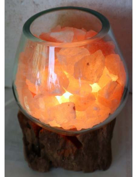 Lampada di sale irripetibile creata in vetro soffiato su legno naturale salgemma Himalaya cm 16x17x20 n 2093