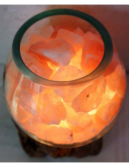 Lampada di sale irripetibile creata in vetro soffiato su legno naturale salgemma Himalaya cm 16x17x20 n 2093