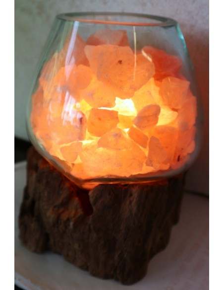 Lampada di sale irripetibile creata in vetro soffiato su legno naturale salgemma Himalaya cm 16x17x20 n 2093