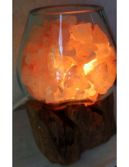 Lampada di sale irripetibile creata in vetro soffiato su legno naturale salgemma Himalaya cm 16x17x20 n 2093
