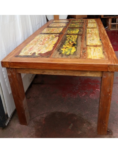 Tavolo da pranzo stile industrial in legno teak riciclato multicolor dalle barche cm 200x100x80