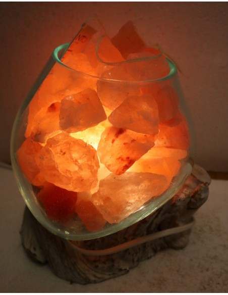 Lampada di sale irripetibile creata in vetro soffiato su legno bianco decapato salgemma Himalaya cm 21x15x20n 5424