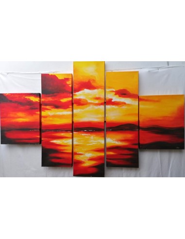 Quadro tramonto composto da 5 pannelli cm 177x110 moderno arancio dipinto  tela
