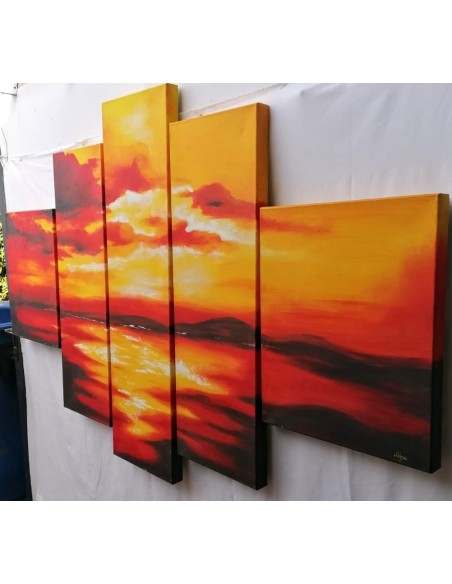 Quadro tramonto composto da 5 pannelli cm 177x110 moderno arancio dipinto tela