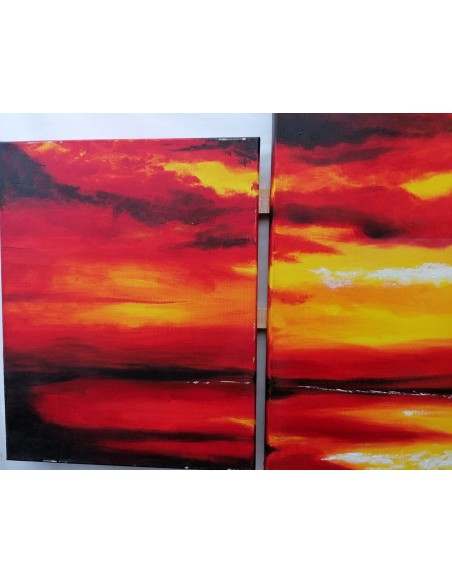 Quadro tramonto composto da 5 pannelli cm 177x110 moderno arancio dipinto tela