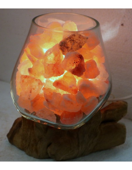 Lampada di sale irripetibile creata in vetro soffiato su legno naturale salgemma Himalaya cm 20x12x22h n 6907 Unica