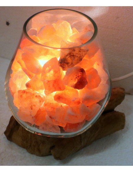 Lampada di sale irripetibile creata in vetro soffiato su legno naturale salgemma Himalaya cm 20x12x22h n 6907 Unica