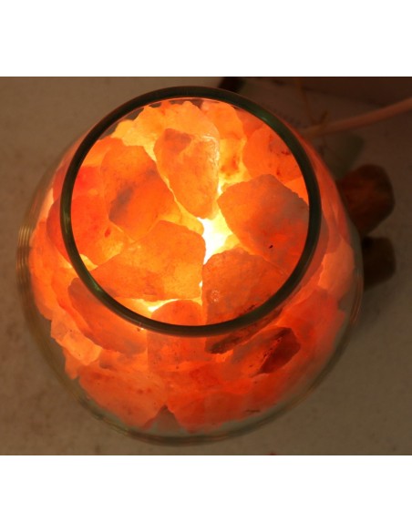 Lampada di sale irripetibile creata in vetro soffiato su legno naturale salgemma Himalaya cm 20x12x22h n 6907 Unica