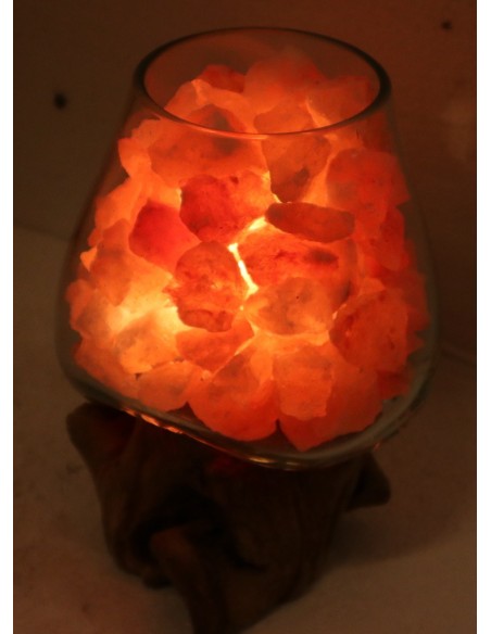 Lampada di sale irripetibile creata in vetro soffiato su legno naturale salgemma Himalaya cm 20x12x22h n 6907 Unica