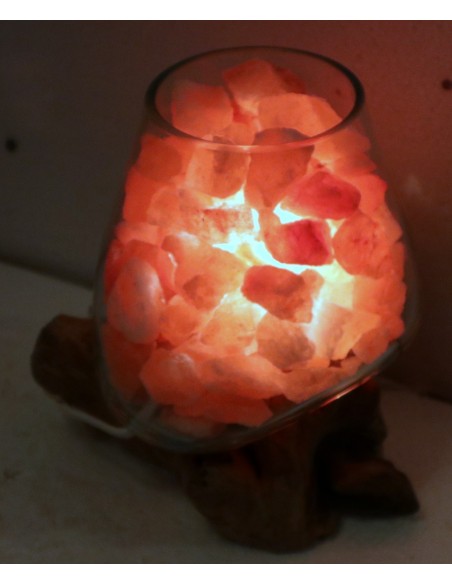 Lampada di sale irripetibile creata in vetro soffiato su legno naturale salgemma Himalaya cm 20x12x22h n 6907 Unica