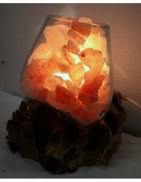 Lampada di sale irripetibile creata in vetro soffiato su legno naturale salgemma Himalaya cm 22x13x21 n 6903