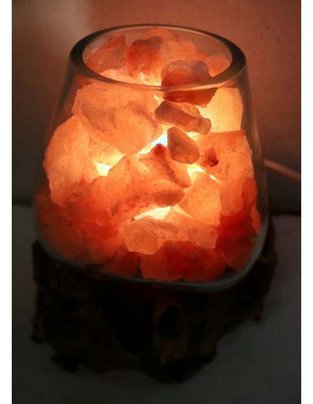 Lampada di sale irripetibile creata in vetro soffiato su legno naturale salgemma Himalaya cm 22x13x21 n 6903