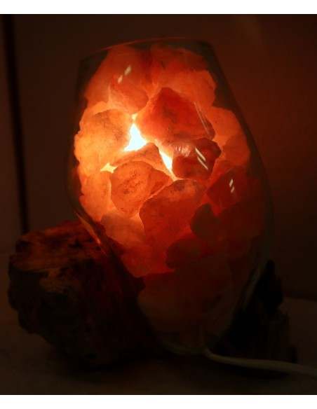 Lampada di sale irripetibile creata in vetro soffiato su legno naturale salgemma Himalaya cm 22x13x21 n 6903