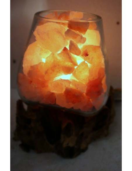 Lampada di sale irripetibile creata in vetro soffiato su legno naturale salgemma Himalaya cm 22x13x21 n 6903
