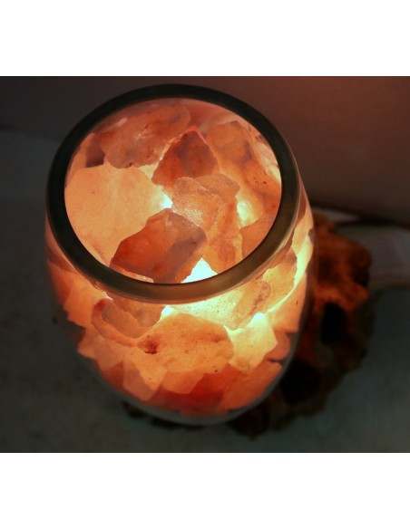 Lampada di sale irripetibile creata in vetro soffiato su legno naturale salgemma Himalaya cm 22x13x21 n 6903