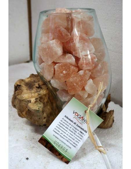 Lampada di sale irripetibile creata in vetro soffiato su legno naturale salgemma Himalaya cm 22x13x21 n 6903