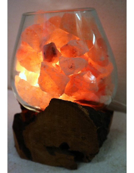 Lampada di sale irripetibile creata in vetro soffiato su legno naturale salgemma Himalaya cm 17x16x20 n 6942
