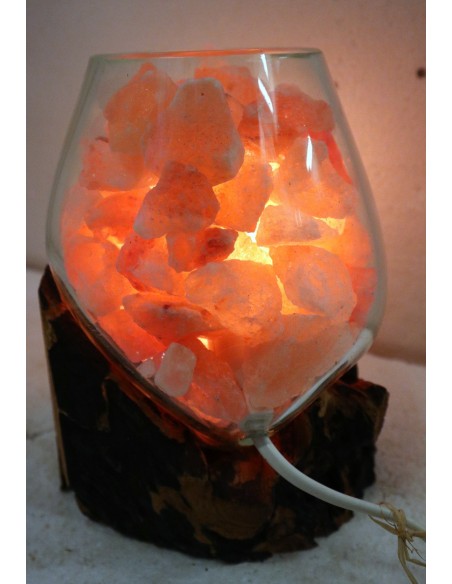 Lampada di sale irripetibile creata in vetro soffiato su legno naturale salgemma Himalaya cm 17x16x20 n 6942
