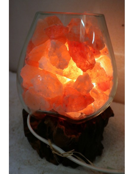 Lampada di sale irripetibile creata in vetro soffiato su legno naturale salgemma Himalaya cm 17x16x20 n 6942