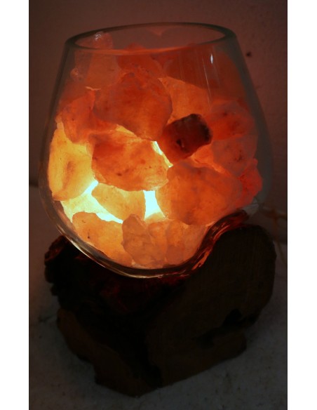 Lampada di sale irripetibile creata in vetro soffiato su legno naturale salgemma Himalaya cm 17x16x20 n 6942
