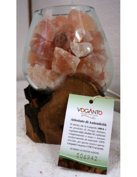 Lampada di sale irripetibile creata in vetro soffiato su legno naturale salgemma Himalaya cm 17x16x20 n 6942