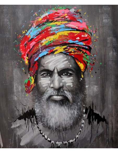 Quadro dipinto pop art vecchio saggio Indiano cm120x100 africana tribale moderno industrial tela grigio